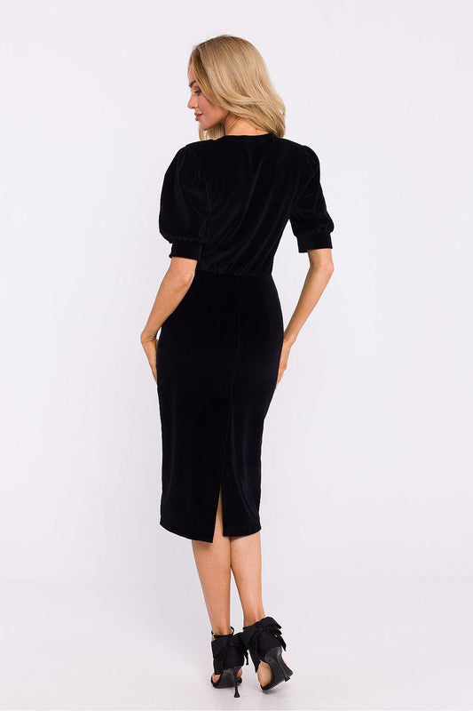 Black velvet midi daydress, back view with puff sleeves and cinched waist.