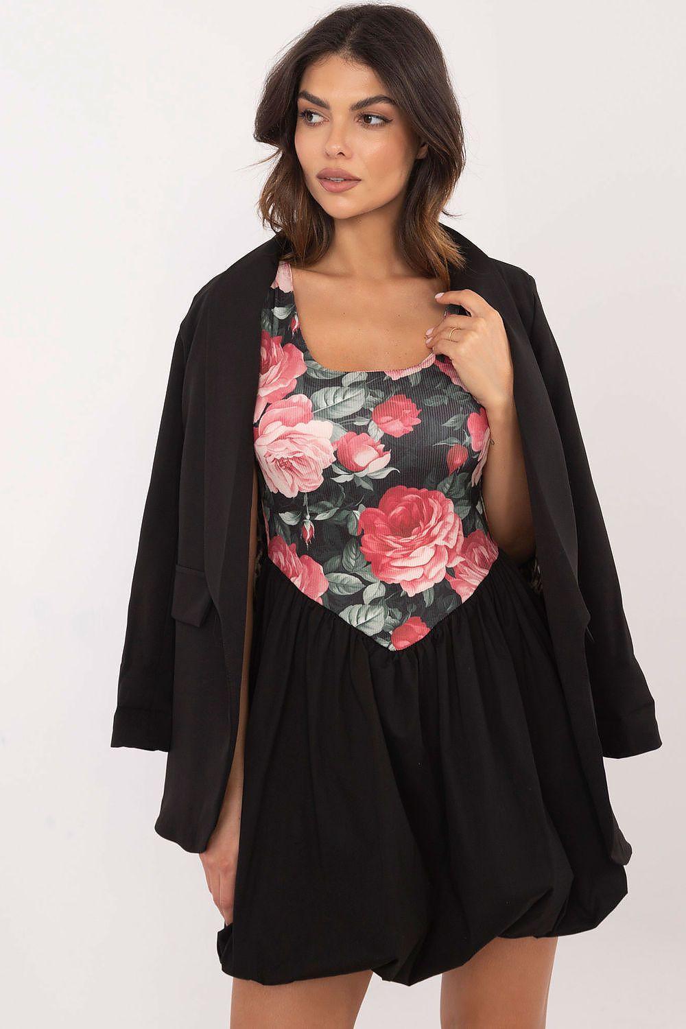 Floral bodice daydress with black gathered waist skirt, with black open cardigan