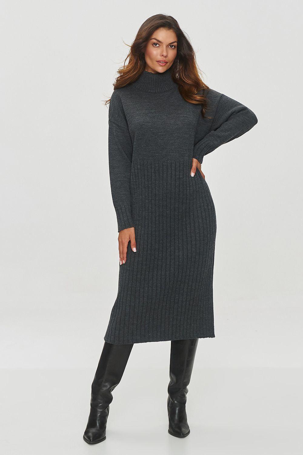 Grey ribbed knit turtleneck daydress, long sleeves, midi length, fitted silhouette.