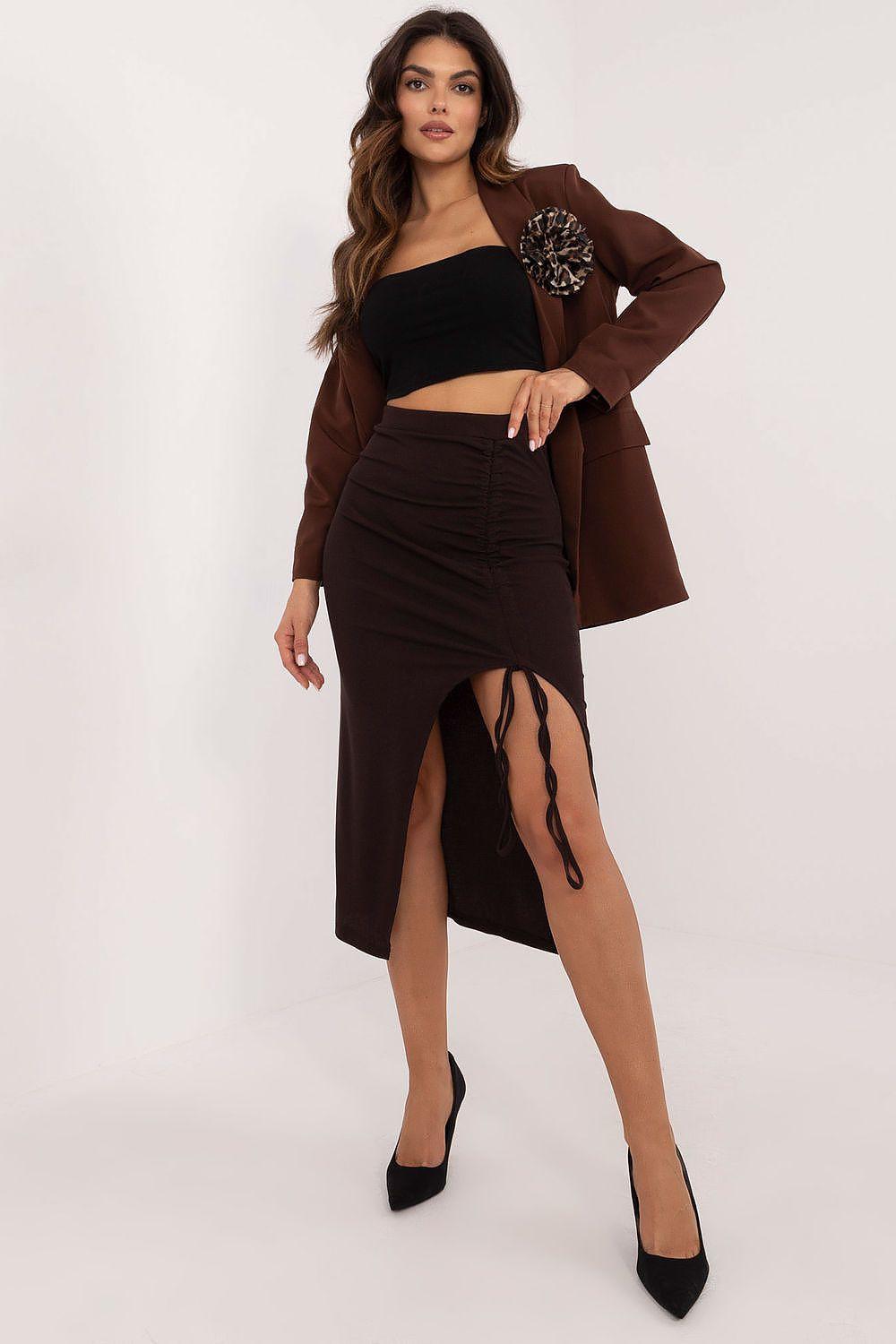Brown ribbed midi pencil skirt with front adjustable slit