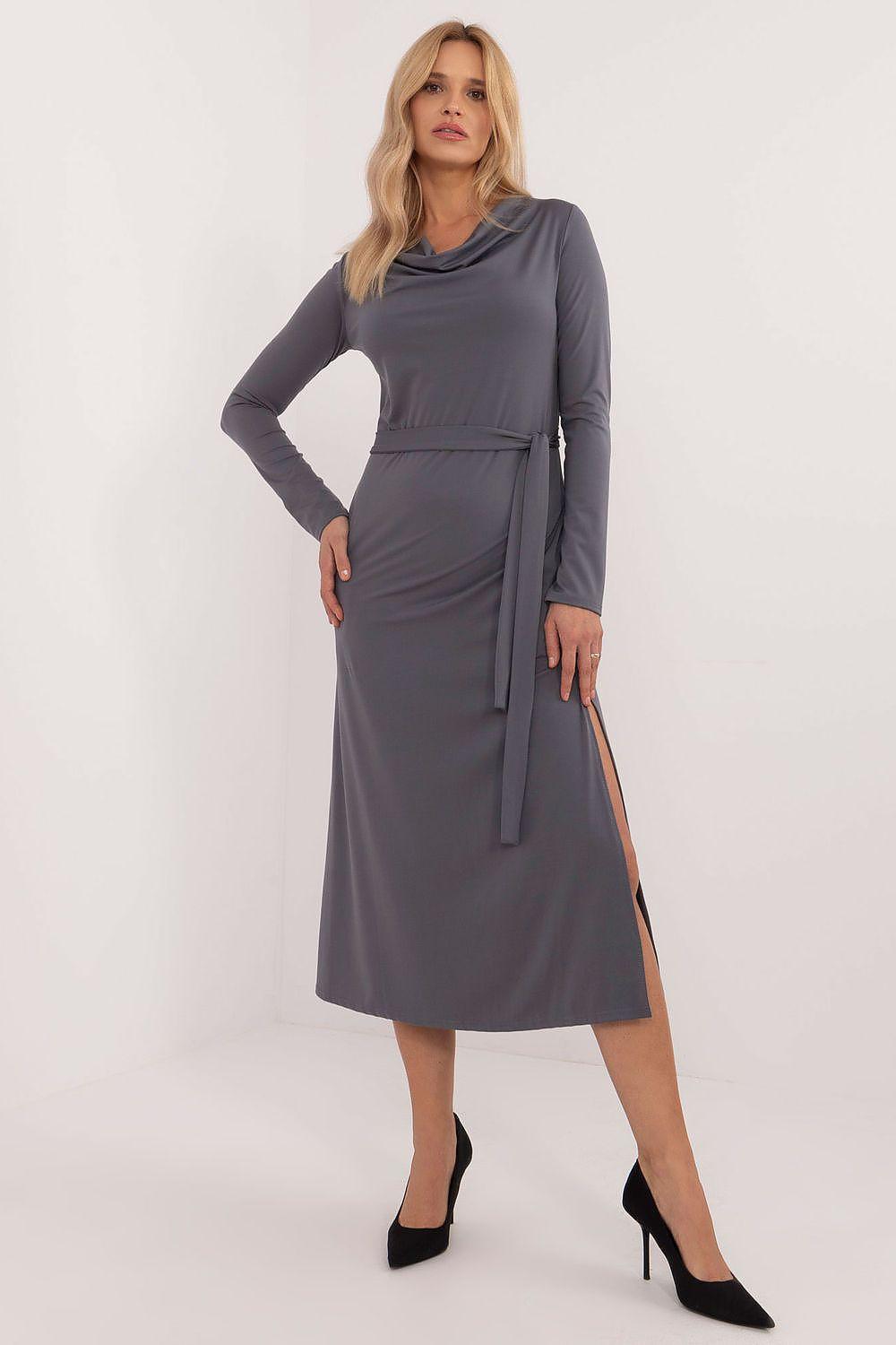 Grey long-sleeve midi day dress with tied waist and side slit