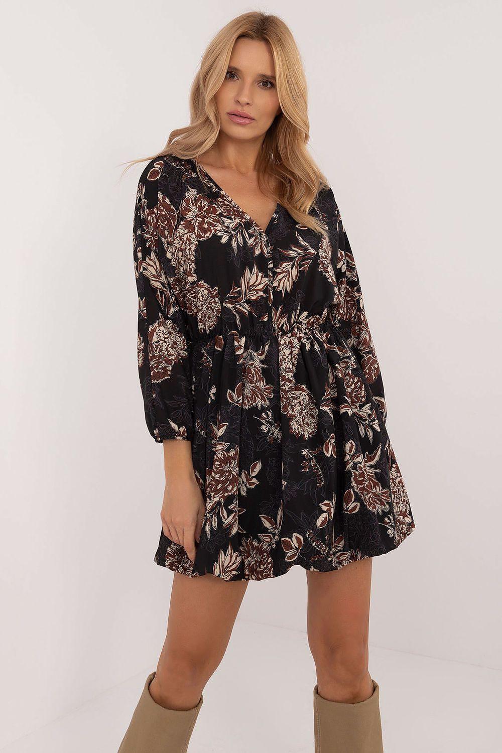 Black floral mini daydress with V-neck, long flared sleeves and gathered waist