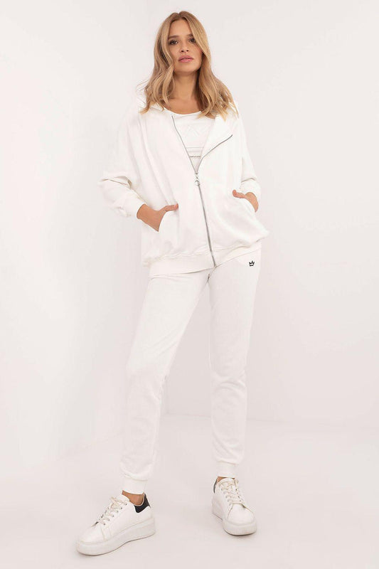 White zip-up hoodie and jogger set with drawstring waist and cuffed sleeves