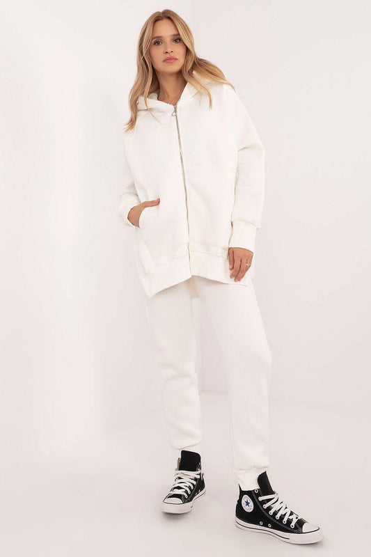 White zip-up hoodie and jogger pants set with hood and front pockets