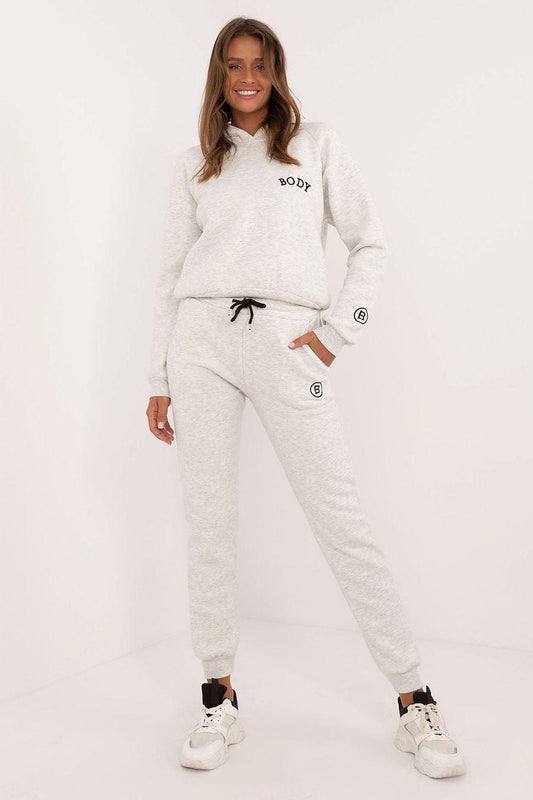 Light grey fleece hoodie and jogger set, drawstring waist, front kangaroo pocket