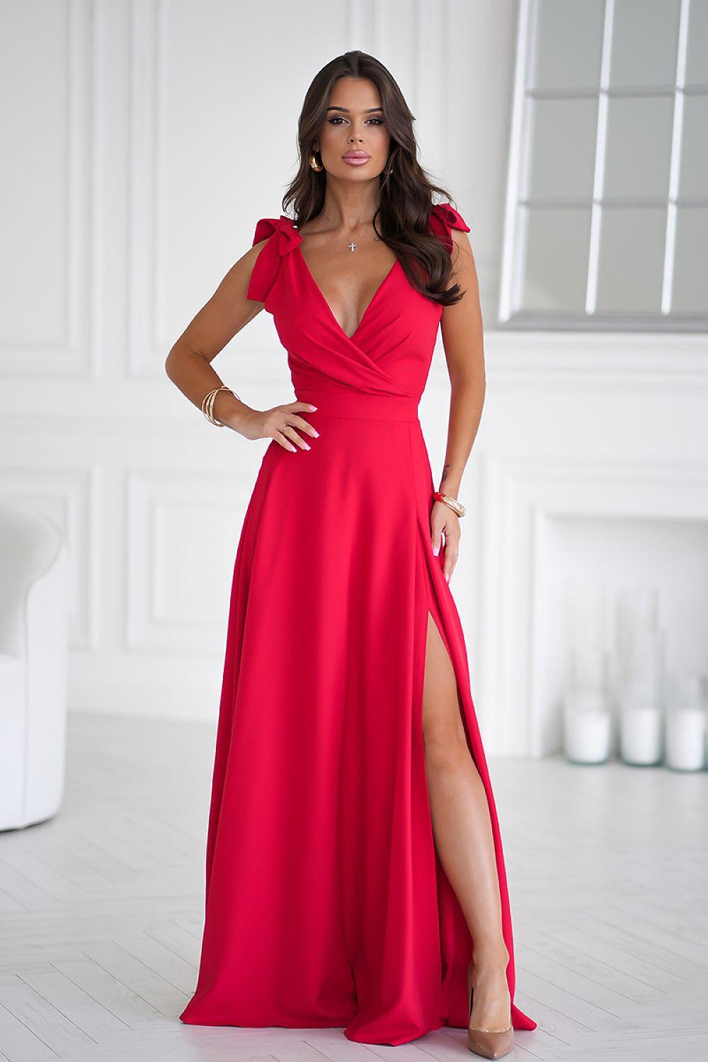 Red maxi dress with slit and bow-tie shoulder straps
