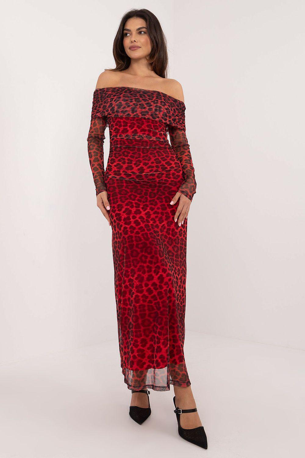 Red leopard print off-shoulder evening dress with long sleeves, fitted midi length