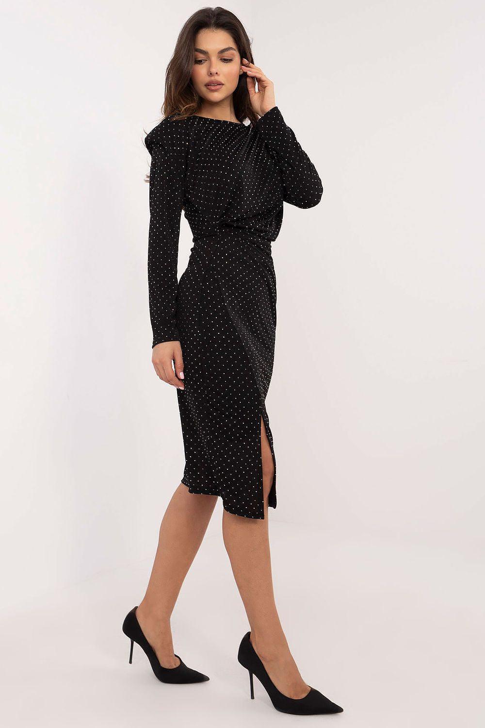 Black midi evening dress with long sleeves and side slit, dotted pattern