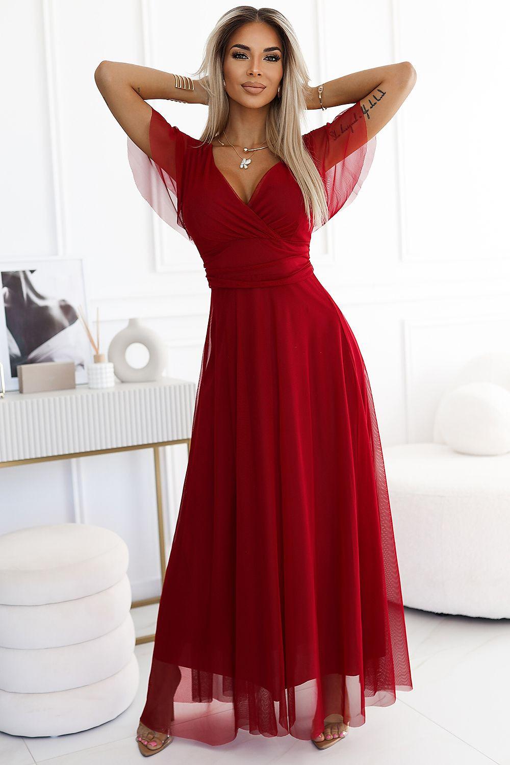 Long dress by Numoco in red, V-neck, short flutter sleeves, flowing sheer maxi skirt