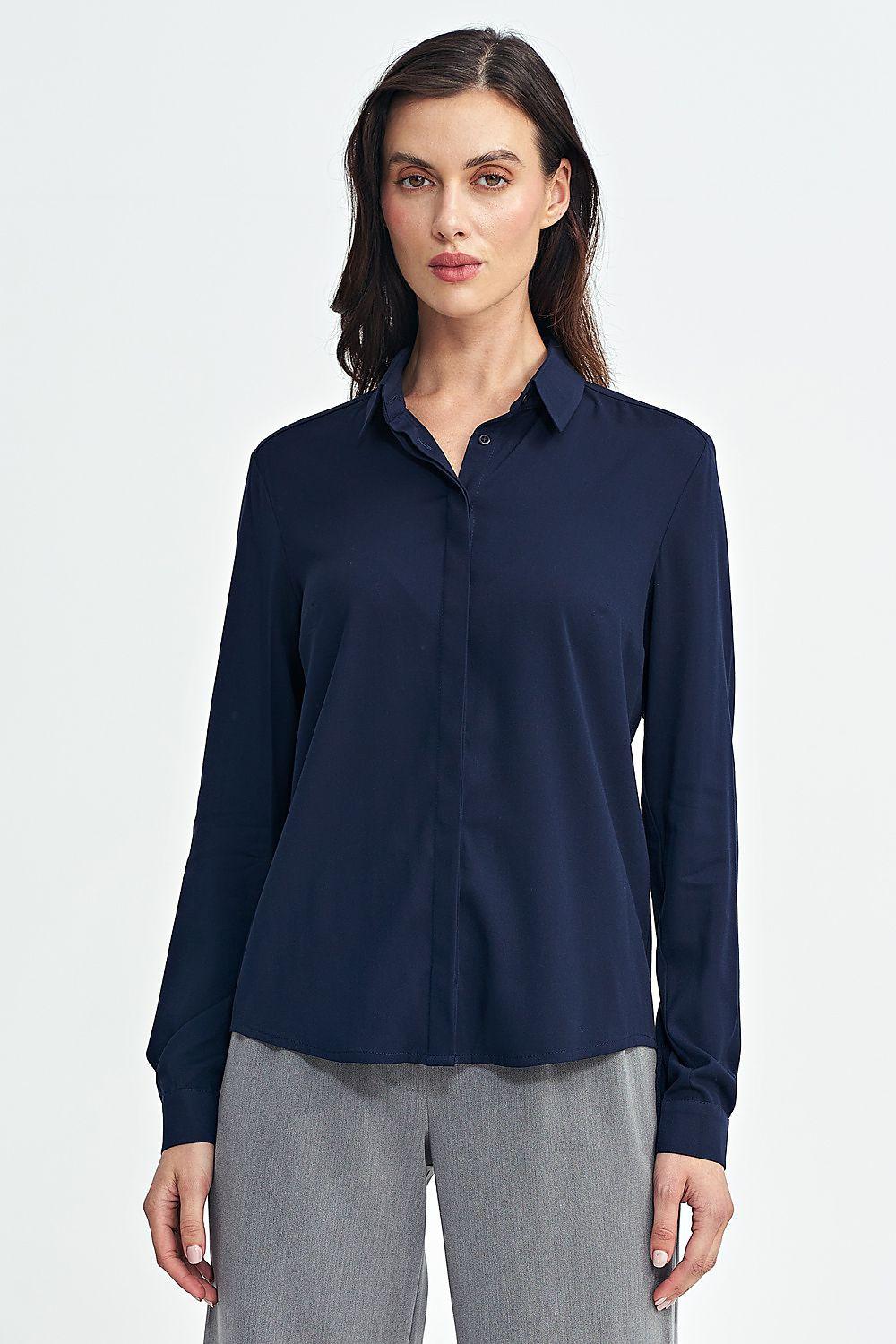 Navy blue long-sleeve button-up shirt with pointed collar and button placket