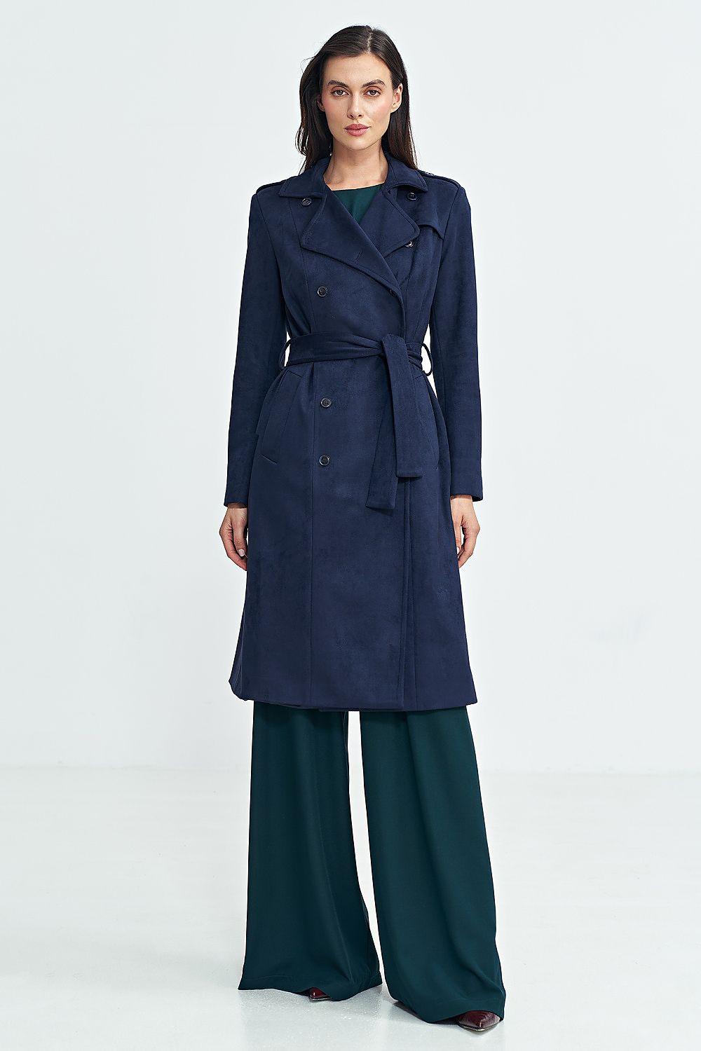 Front view of belted navy nubuck coat with notched lapels and button front, mid length.