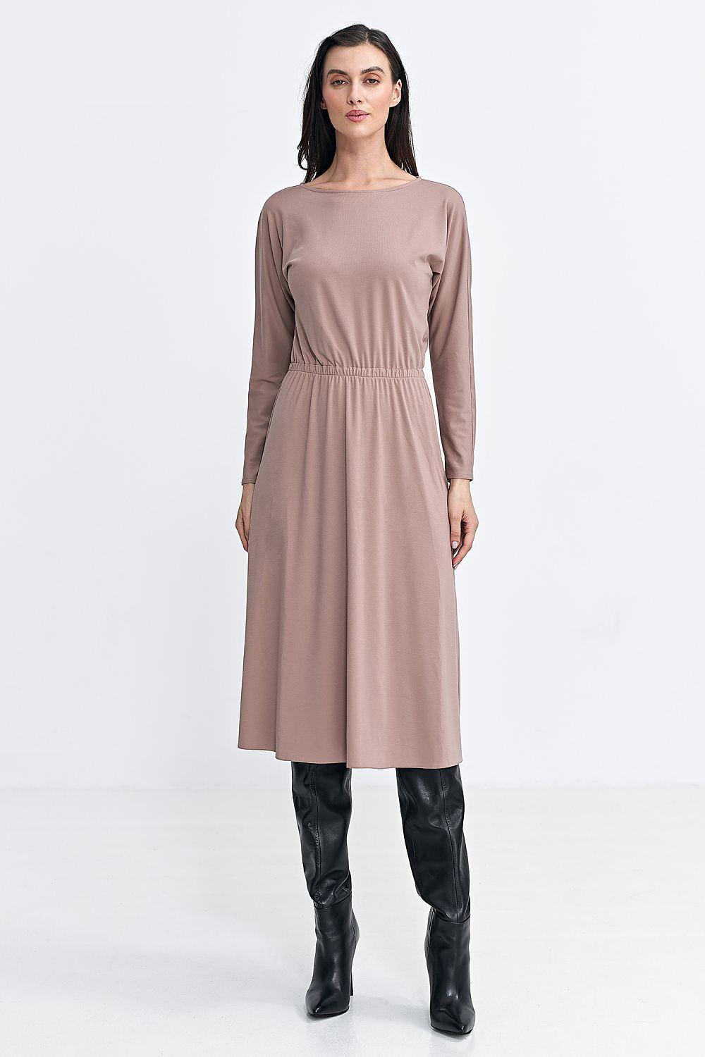 Beige long-sleeve daydress with ruched waist and midi skirt