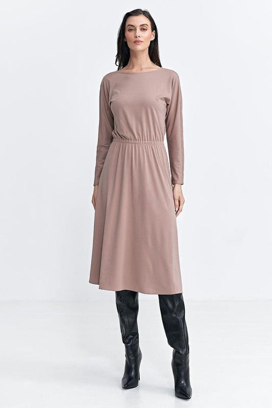 Beige long-sleeve midi day dress with elasticated waist, Nife