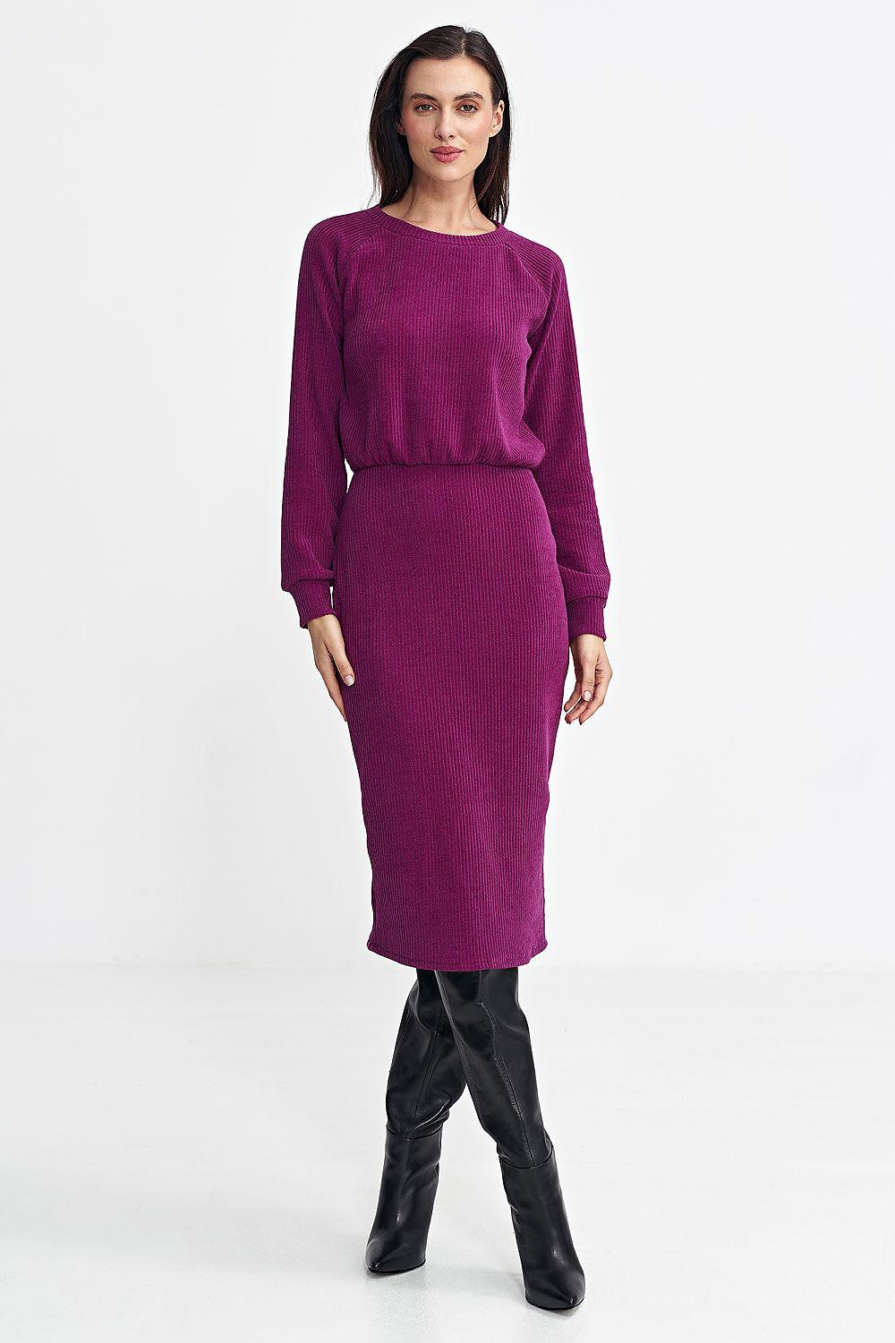 Violet ribbed knit midi daydress with long sleeves and cinched waist