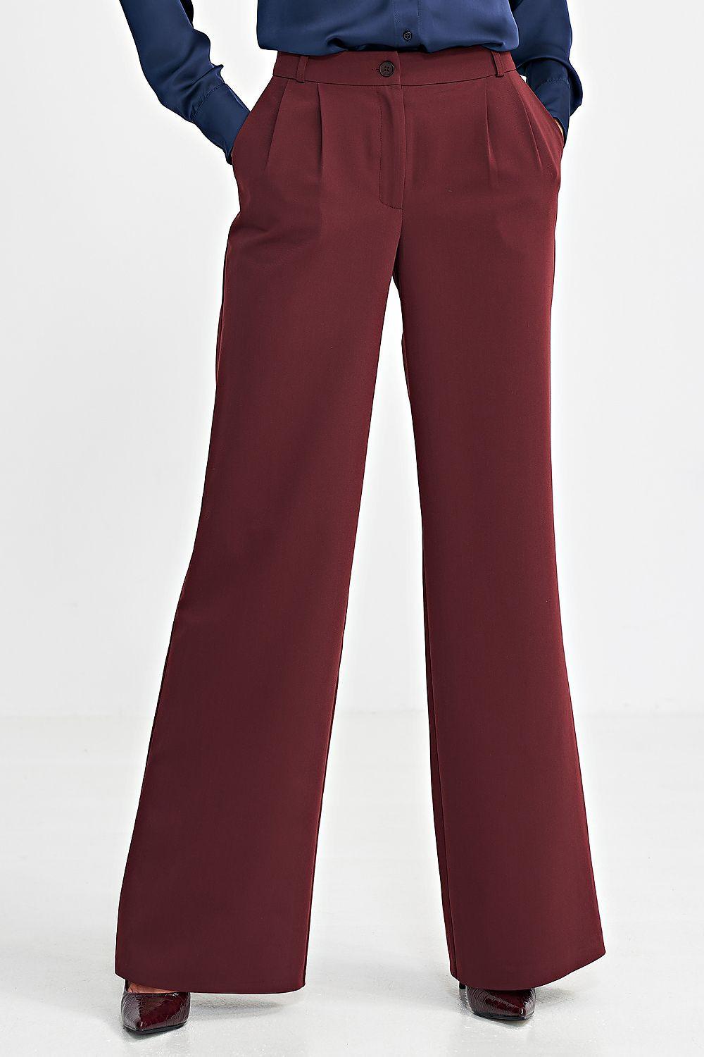 Burgundy wide-leg trousers with pleated front, button waistband, wide flared hem