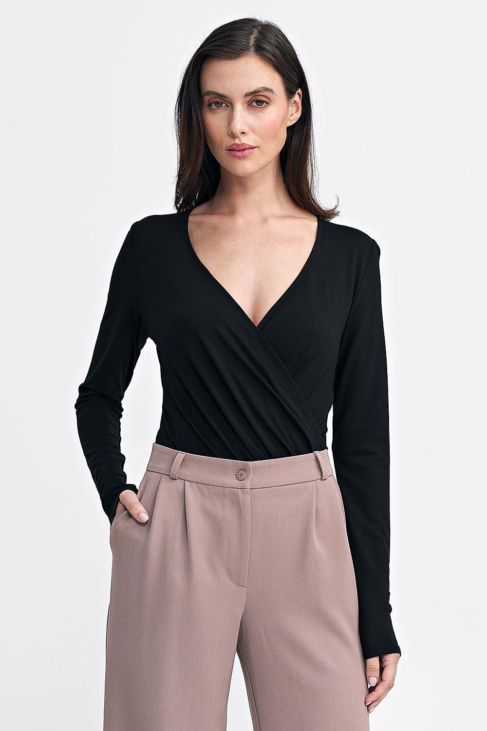 Black long-sleeve V-neck shapewear bodysuit with wrap-style front