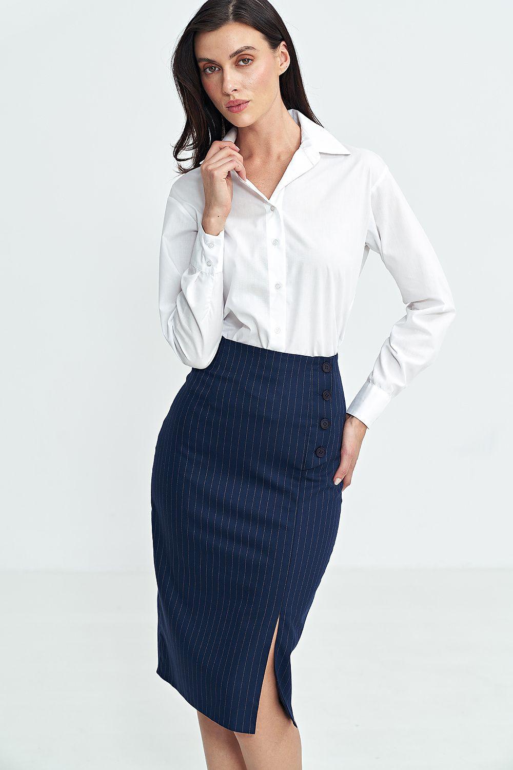 Navy blue pencil skirt with front slit and buttoned front panels