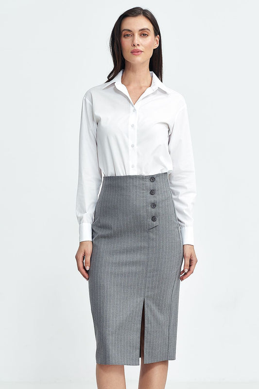 Grey pinstripe high-waist skirt with front buttons and center slit