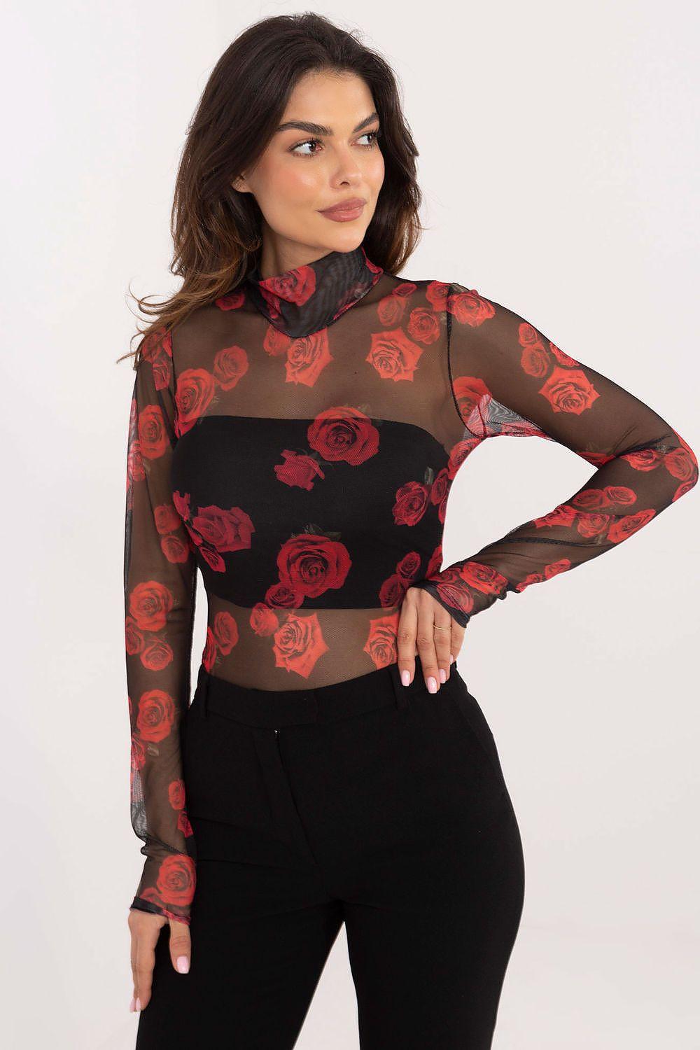 Black mesh floral long-sleeve blouse with red roses, mock neck