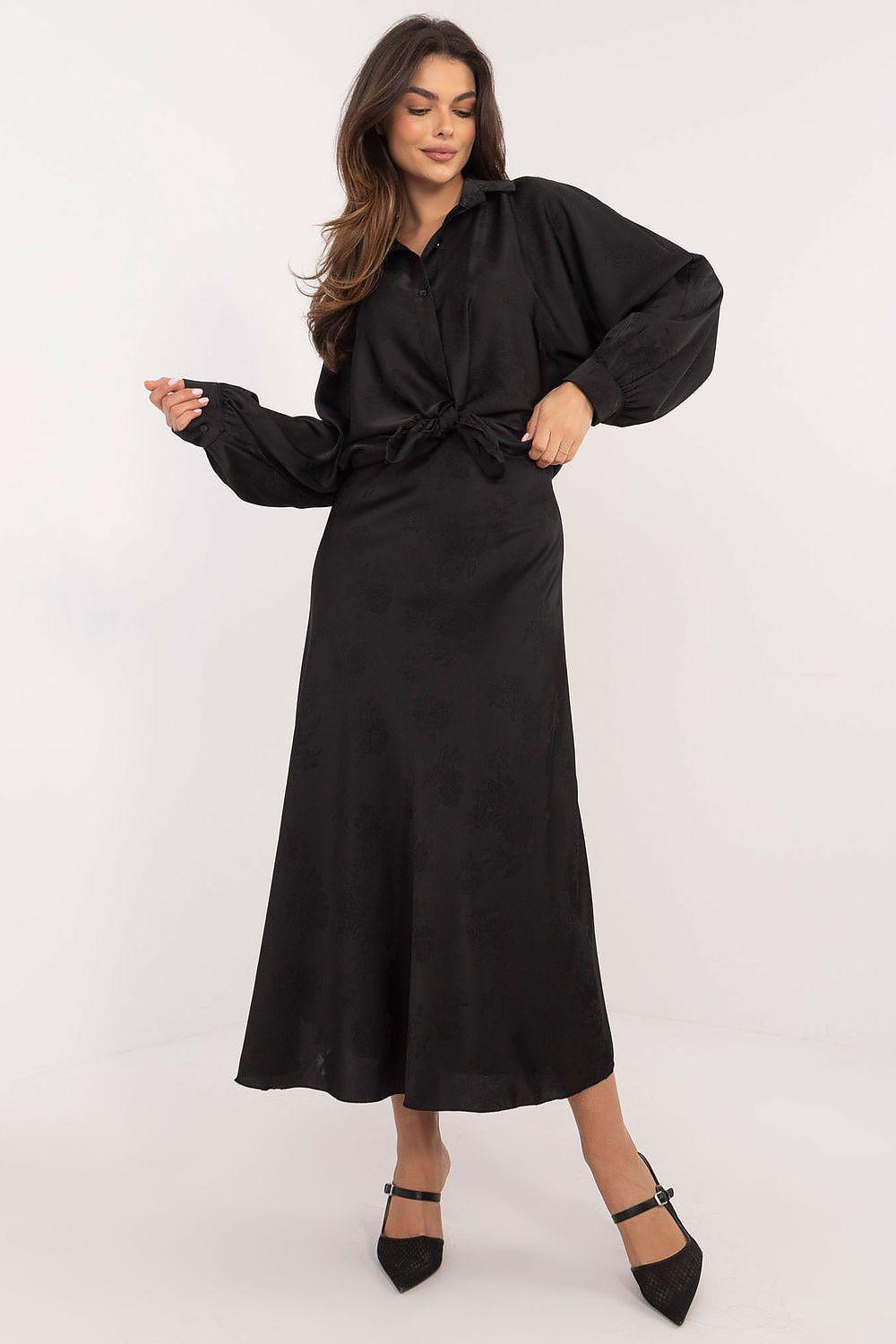 Black belted midi dress with long sleeves and V-neck, front view