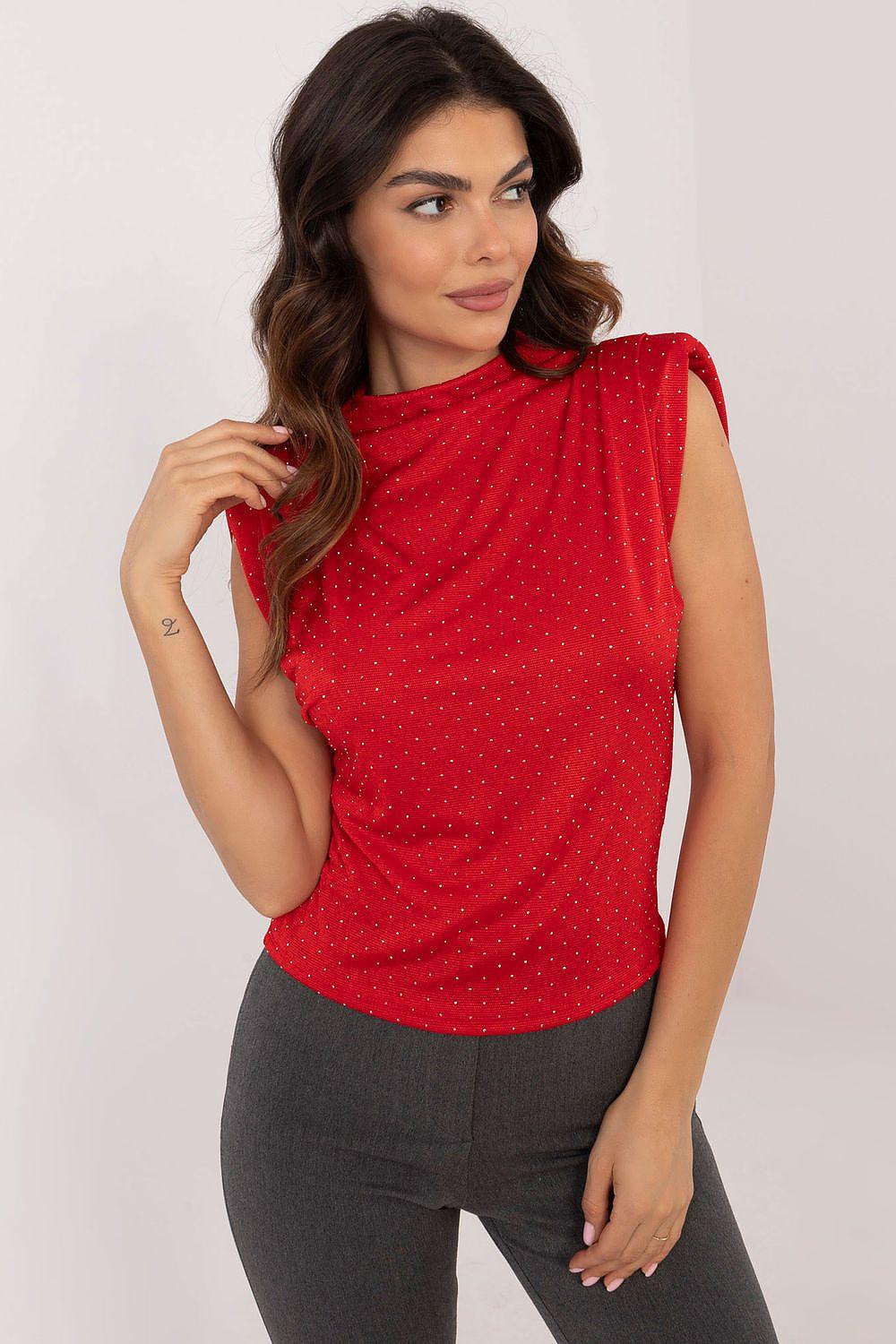 Red sleeveless blouse with small dot pattern, high neck and side drape