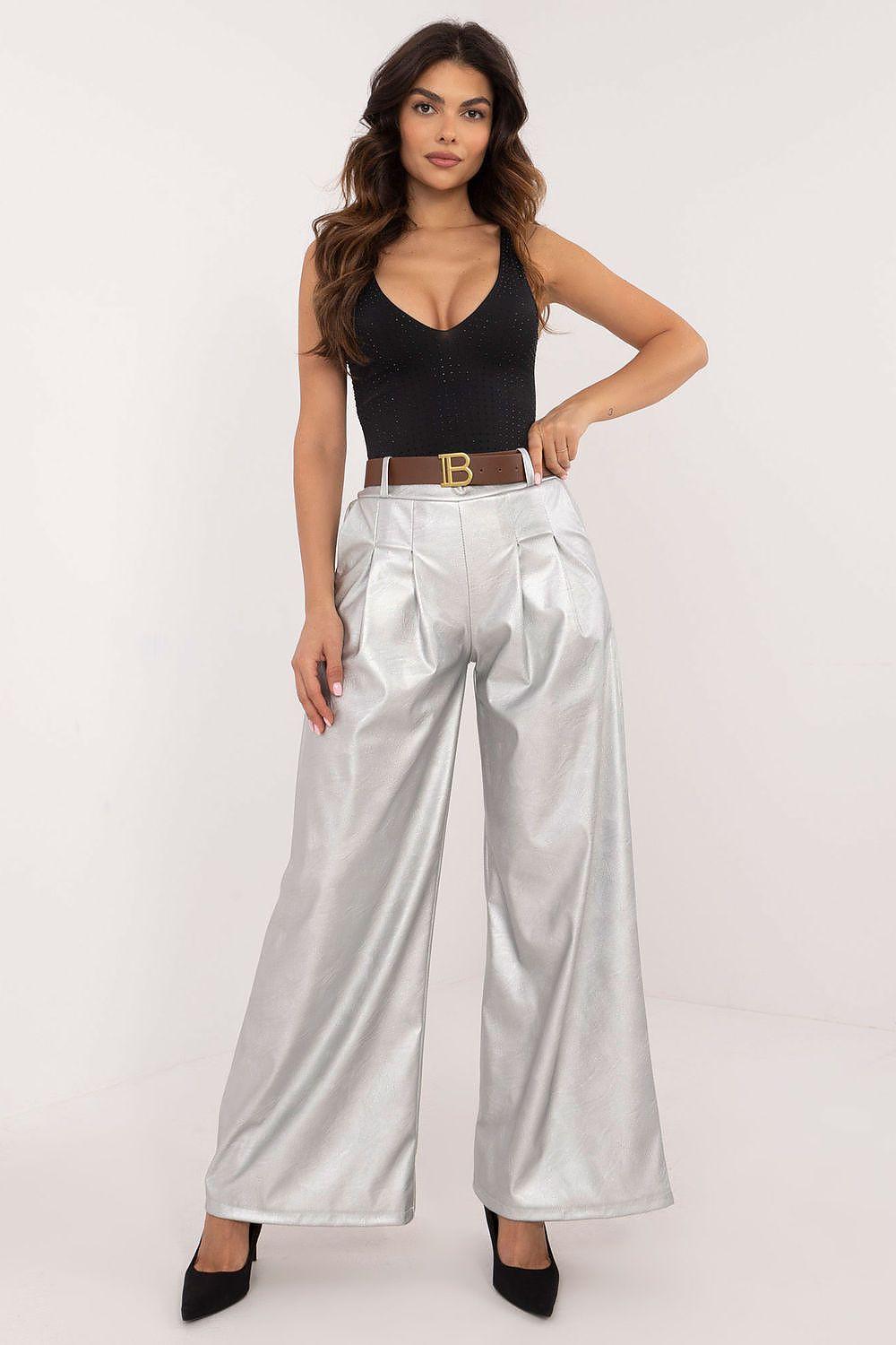 Light grey wide-leg eco leather trousers, high waist with pleats and belt loops
