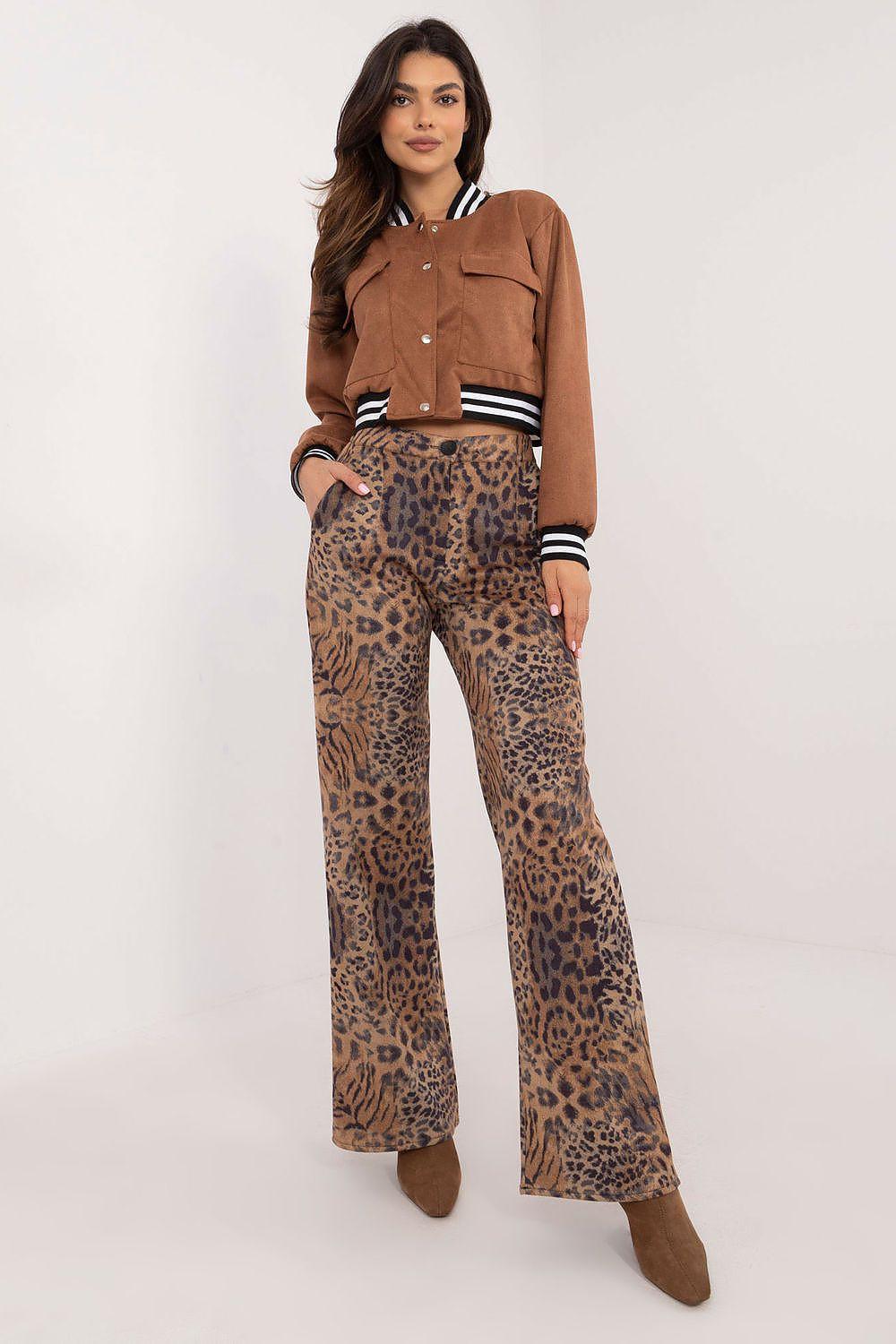 Women’s leopard-print wide-leg trousers with brown base and dark spots