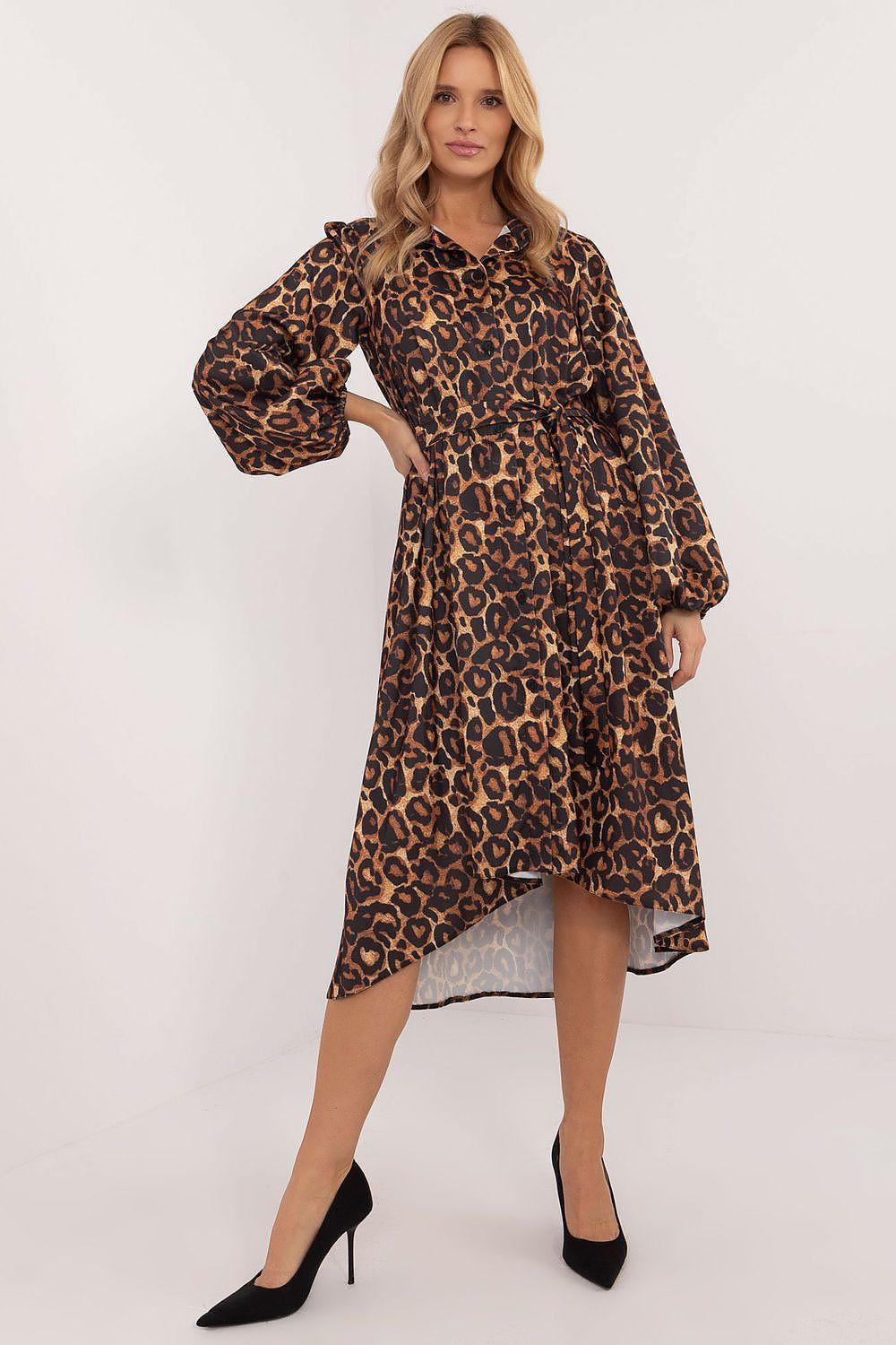 Brown leopard print daydress with long sleeves, asymmetrical hem, midi length
