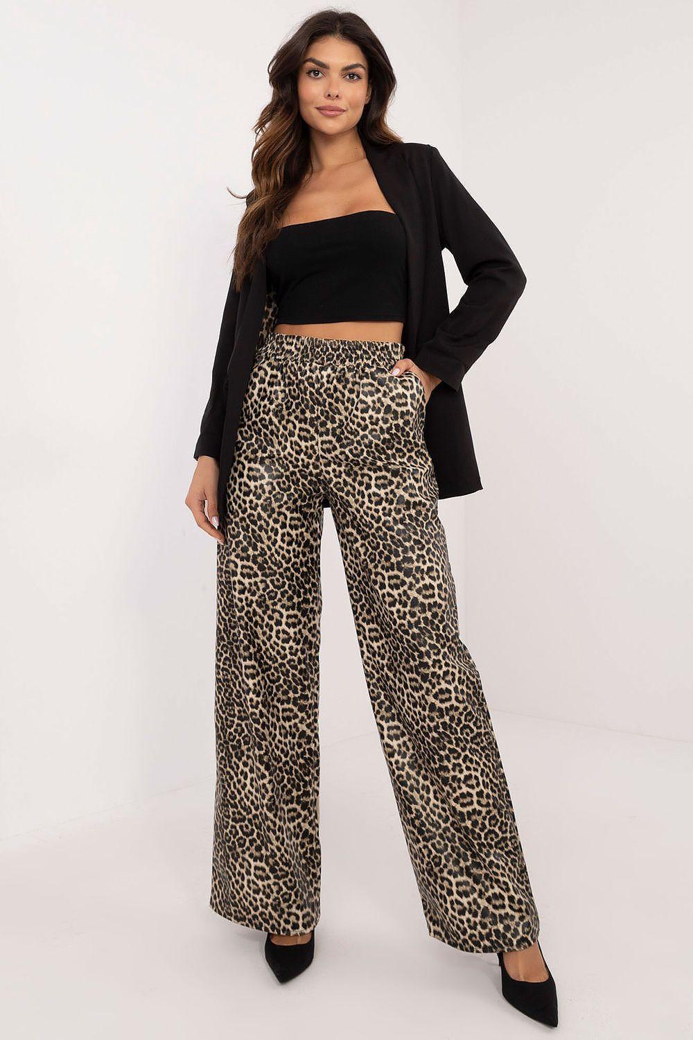 Women leopard-print trousers with wide straight legs, beige and dark brown pattern