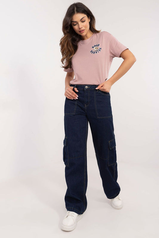 Navy blue cargo jeans with utility pockets and relaxed straight legs.