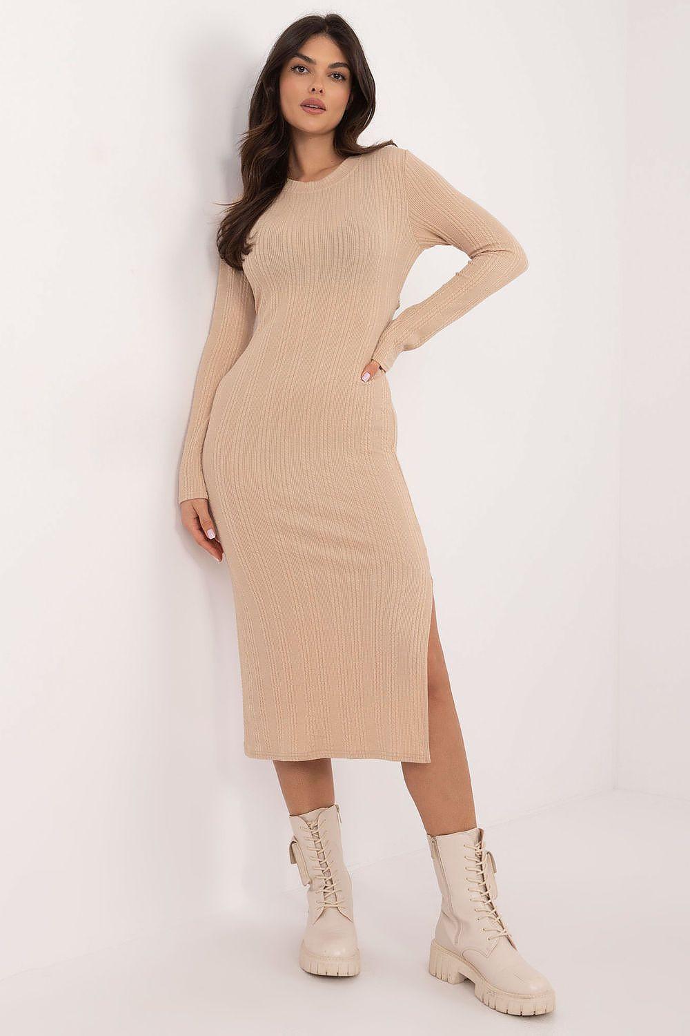 Beige ribbed knit daydress with long sleeves and midi length, fitted waist