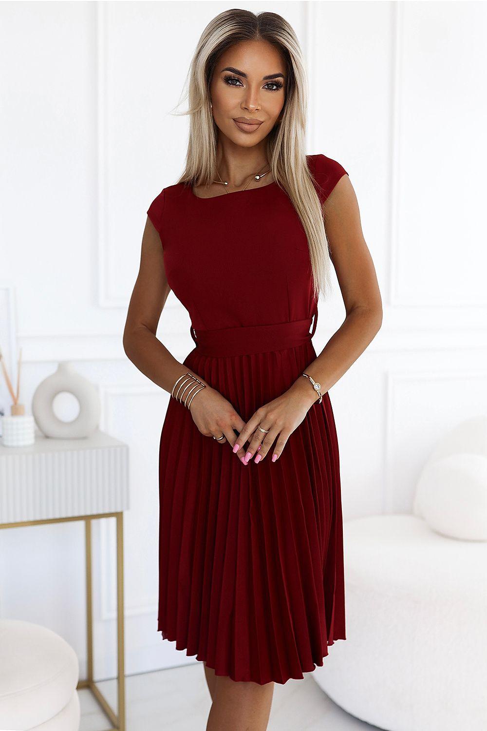 Burgundy red sleeveless pleated day dress with waist tie belt, knee length