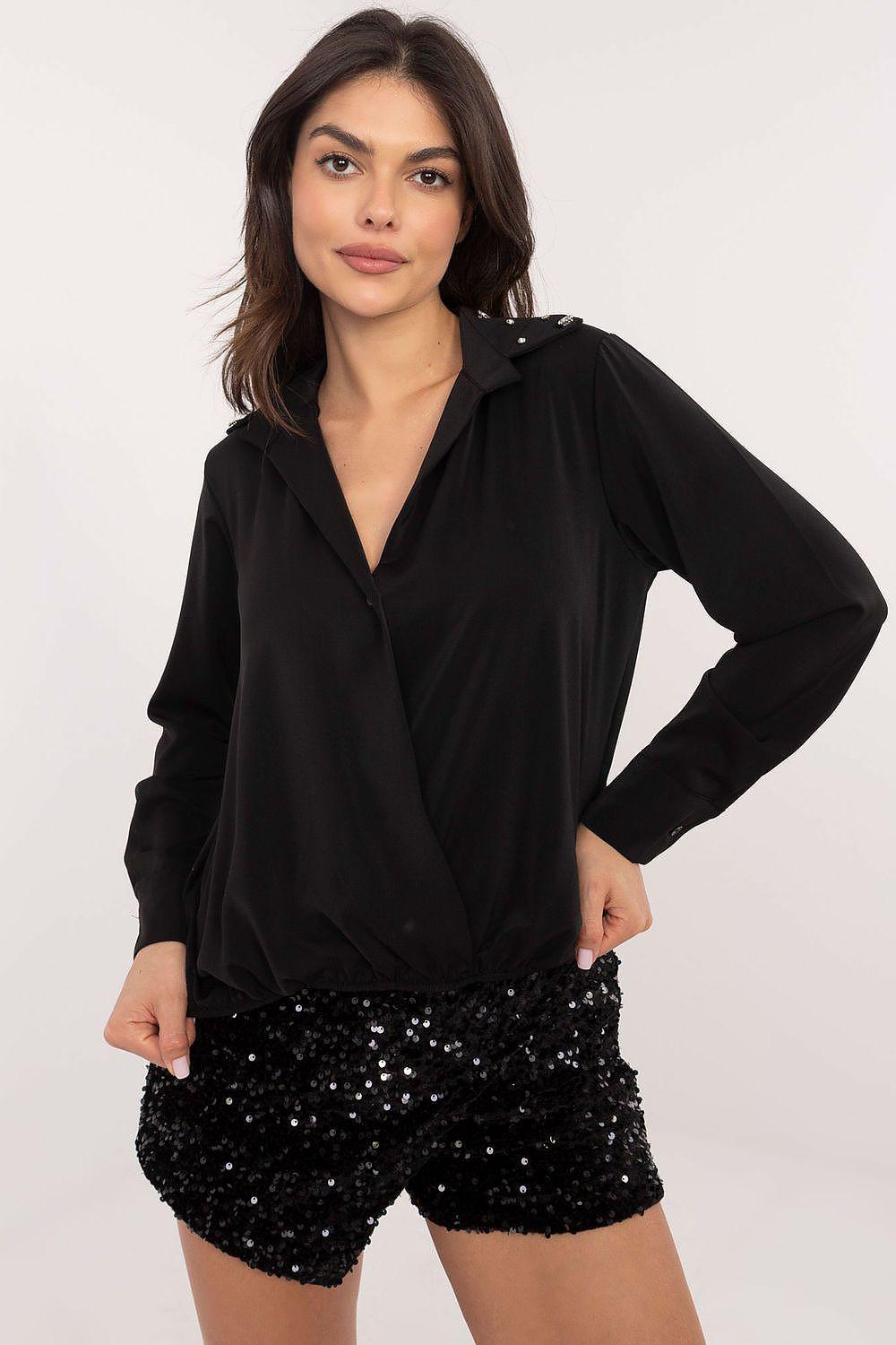 Women's black button-up shirt with studded collar detailing