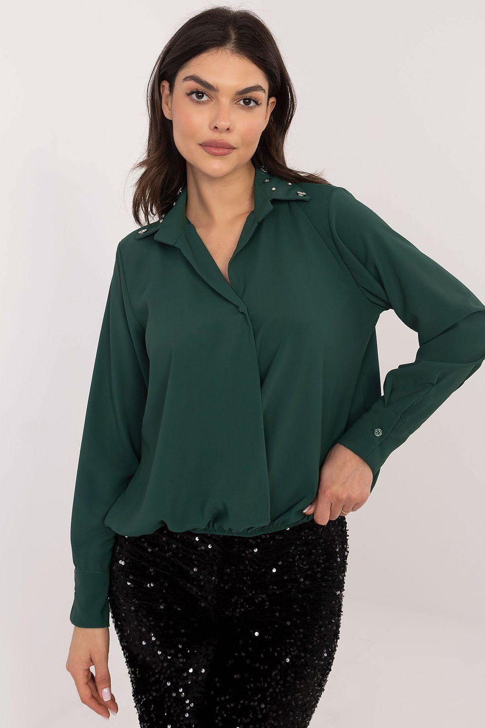 Green long-sleeve shirt with pointed collar and button front, button cuffs