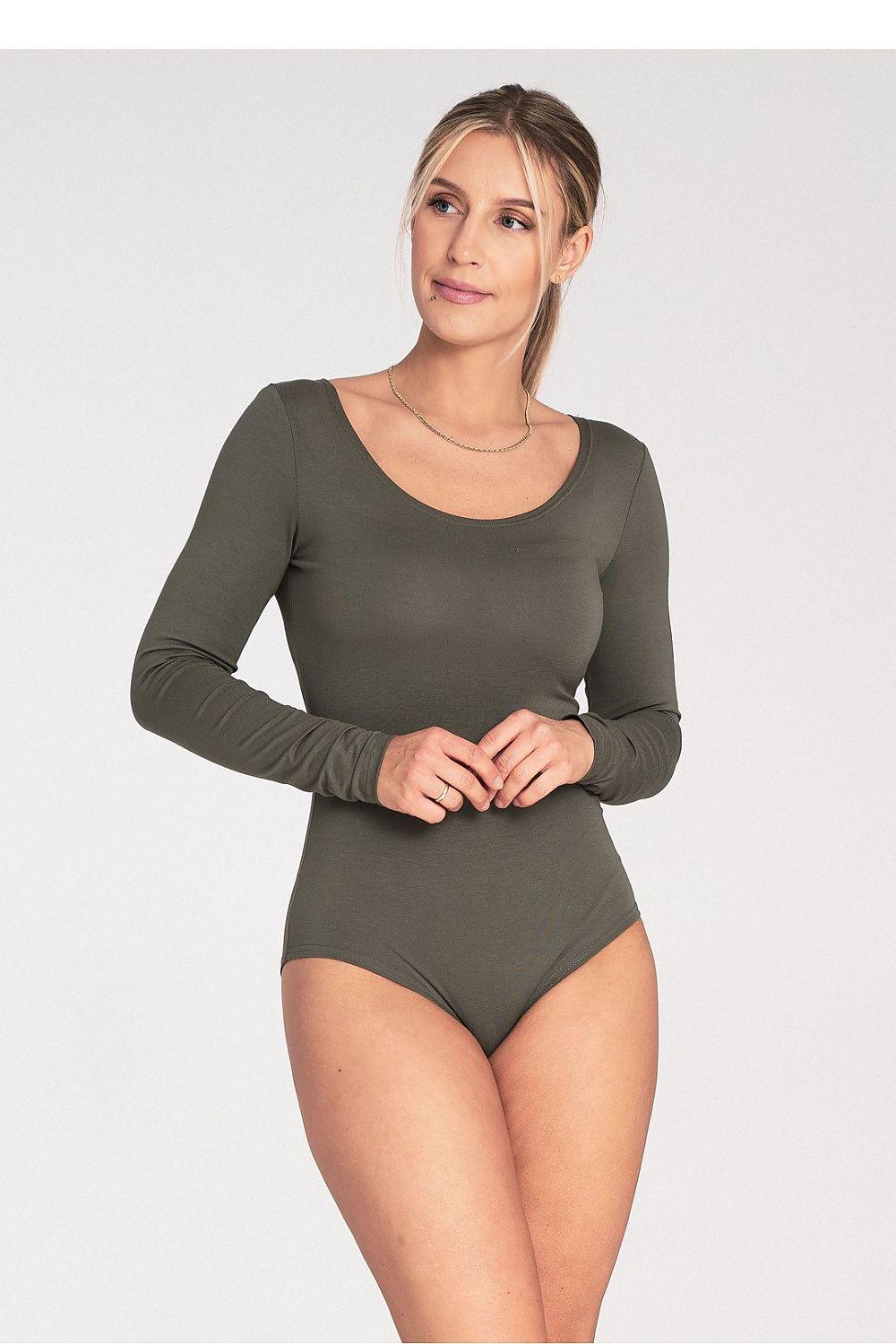 Shapewear bodysuit with long sleeves in dark green, scoop neckline.