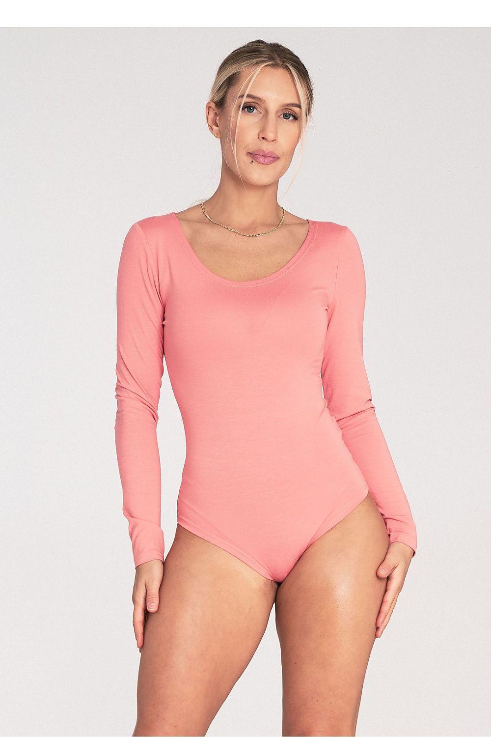 Pink long-sleeve shapewear bodysuit with scoop neck, thong-style leg openings