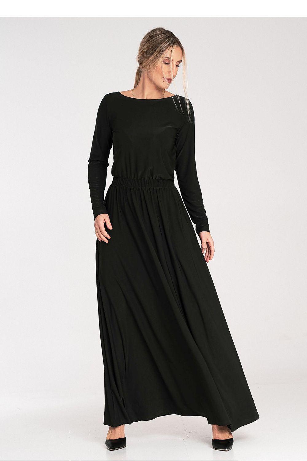 Figl black long-sleeve daydress with gathered waist and maxi flared skirt