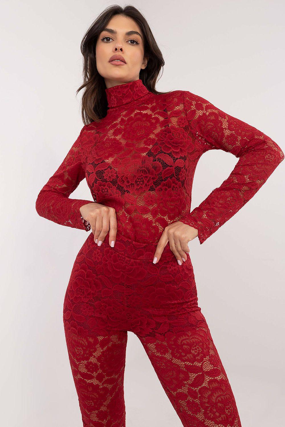 Red lace turtleneck blouse with long sleeves and allover floral pattern