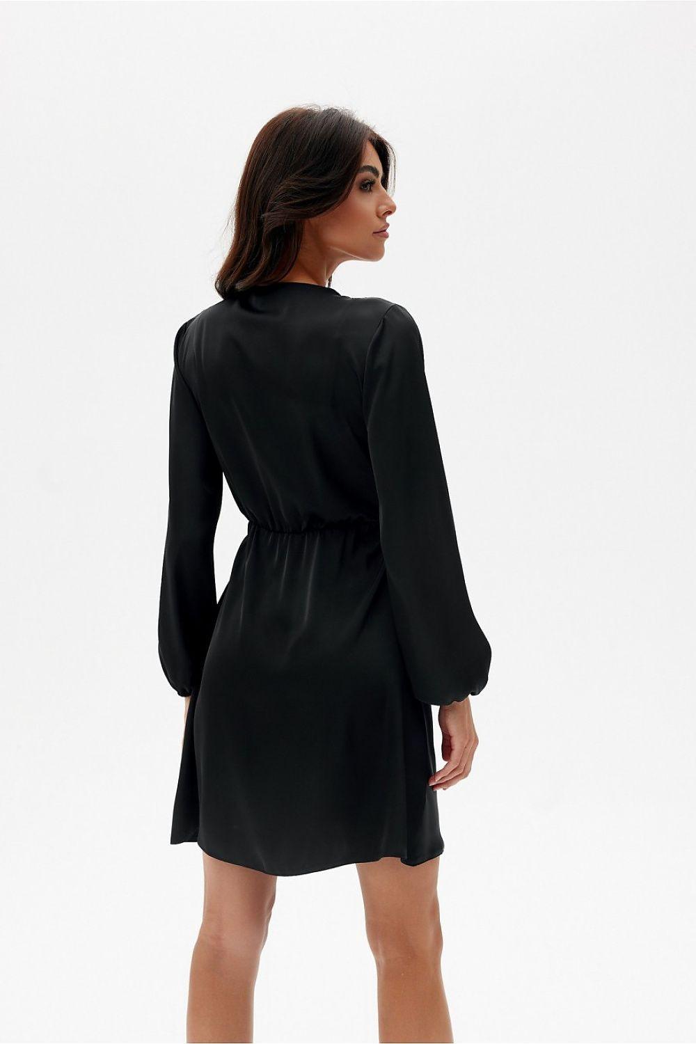 Satin cocktail dress with V-neck and waist tie, long sleeves, black, above-knee length