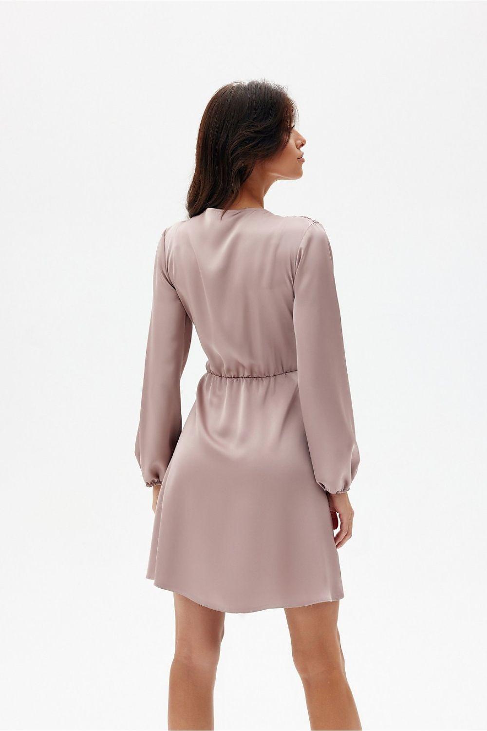 Satin cocktail dress with waist tie and long sleeves, back view, beige above-knee