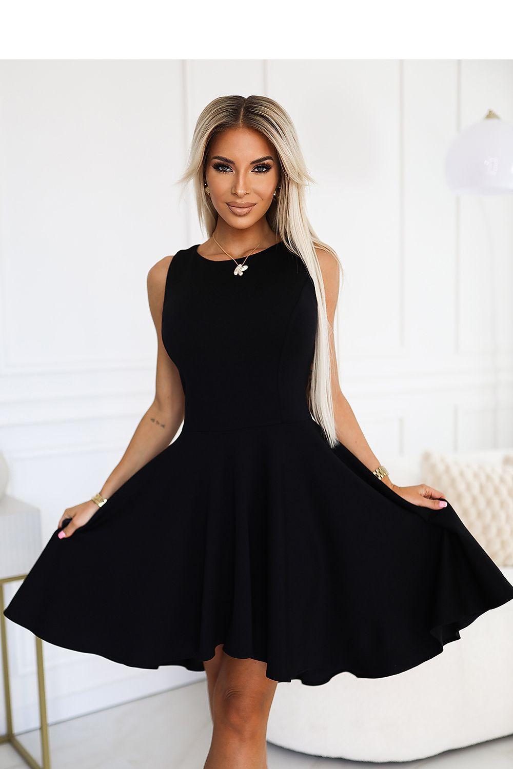 Black sleeveless cocktail dress with flared skirt and scoop neckline