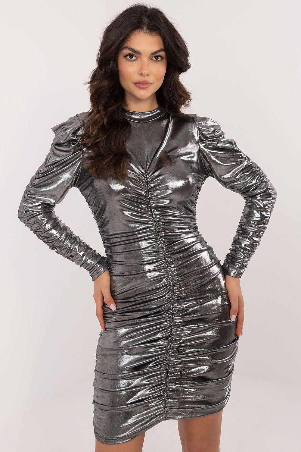 Grey metallic short dress with high neck and long ruched sleeves, fitted waist