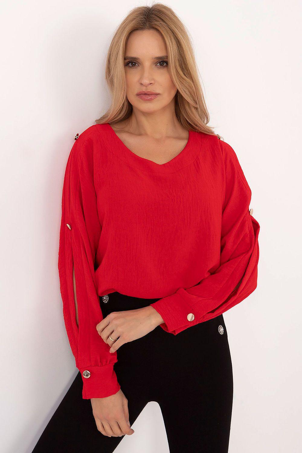 Italy Moda blouse in red with long sleeves, V neckline, and buttoned cuffs
