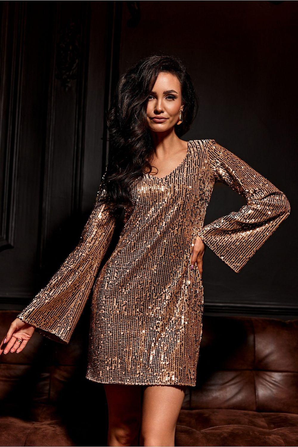 Roco Fashion beige sequin short dress with V-neck and long flared sleeves