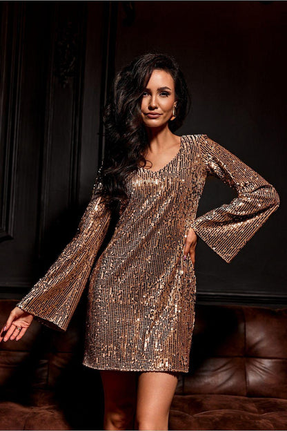 Roco Fashion beige sequin short dress with V-neck and long flared sleeves