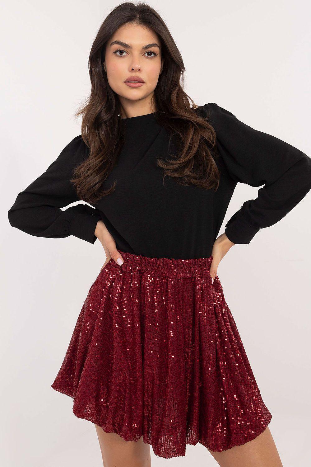Red sequin mini skirt with pleated flare and fitted waistband