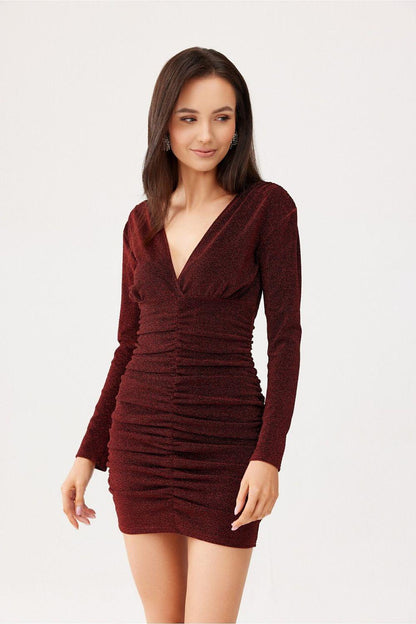Roco Fashion burgundy ruched short dress, long sleeves, V-neck front