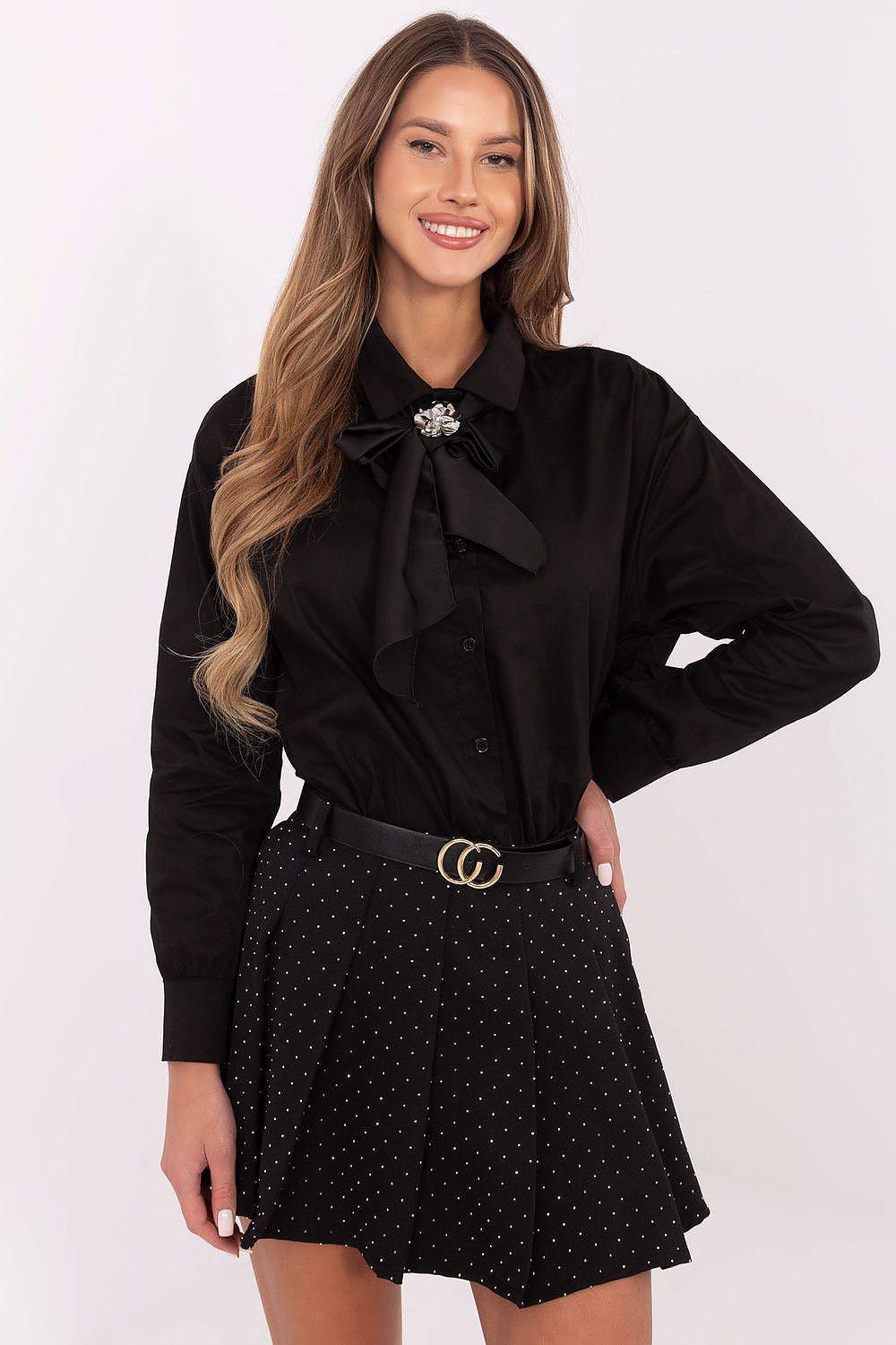 Long sleeve black shirt with bow tie collar, button front