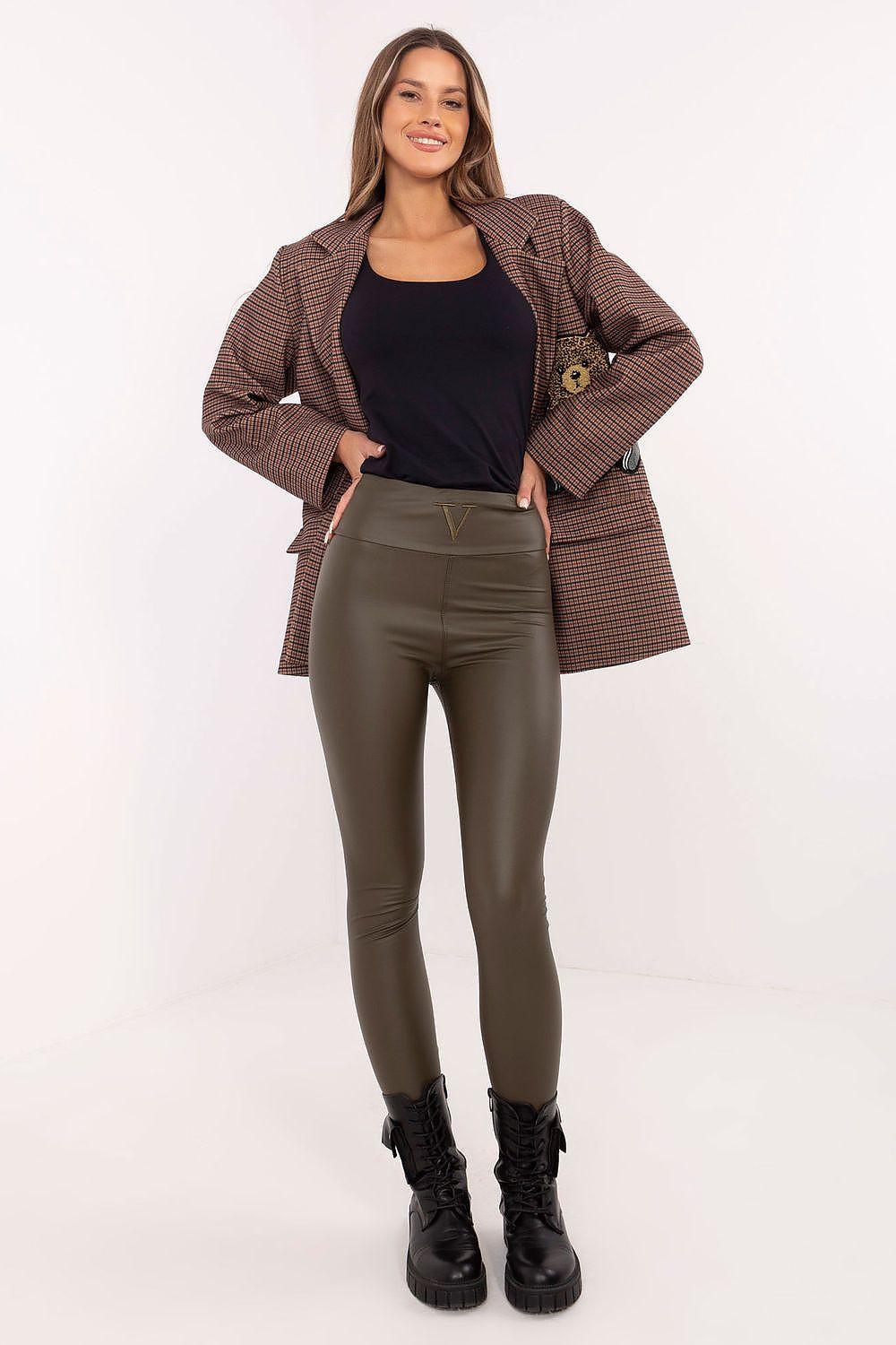 Olive-green long leggings with smooth matte finish, full-length skinny fit