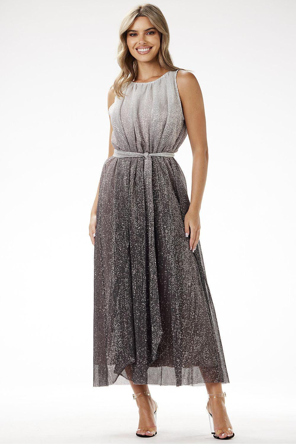 Sleeveless long dress, round neckline, smocked waist tie, glittering grey with sheer hem